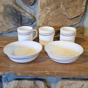 Vintage Arcopal France Fireworks Pattern Three 8 oz  Coffee Cup Mugs & Two Bowls